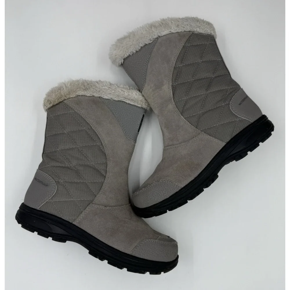 Columbia Ice Maiden II Gray Suede/Fabric Faux Fur Trim‎ Slip-On Snow Boots 5.5